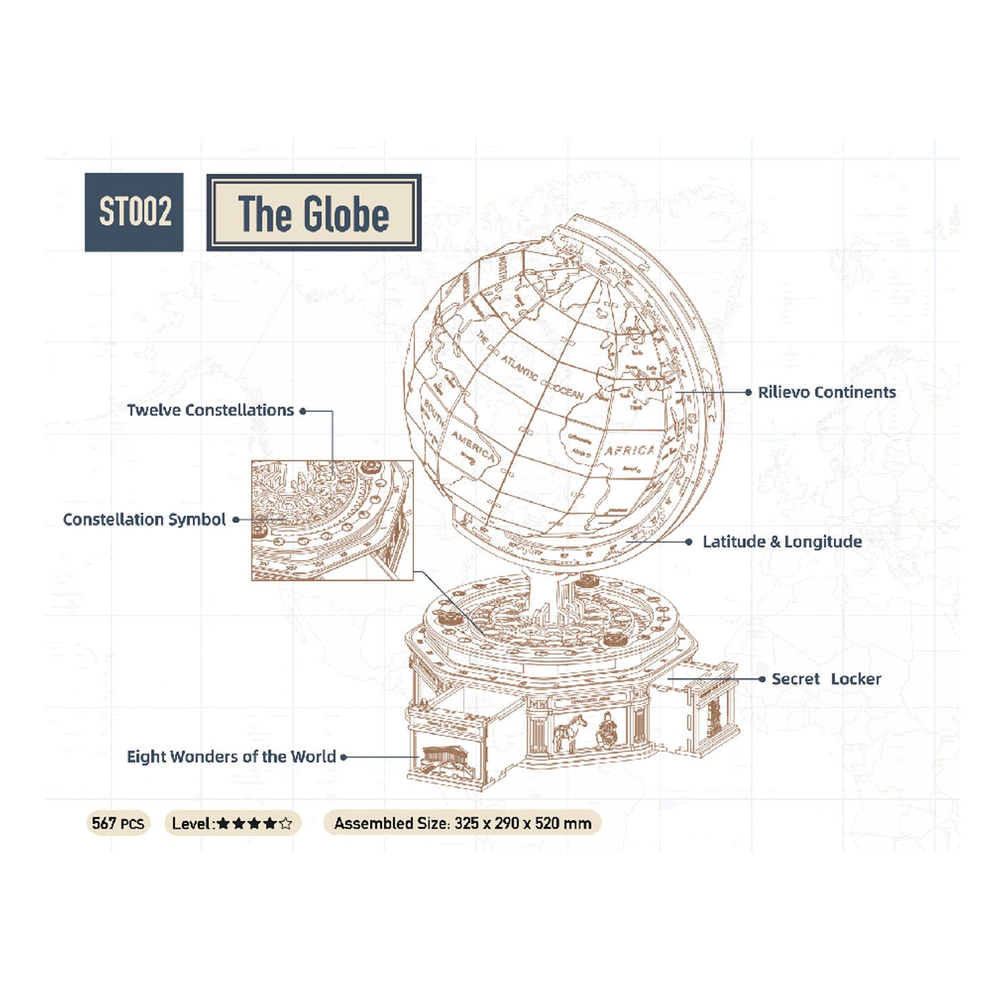 3D Mechanical Wooden Puzzle | Globe Earth Model