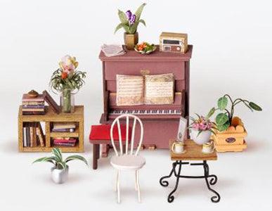 DIY Dollhouse Miniature Store Kit | Simon's Coffee Cafe Close Up Details Ensemble Piano, Chair, Books, Bookshelf, Coffee Table, Potted Plants