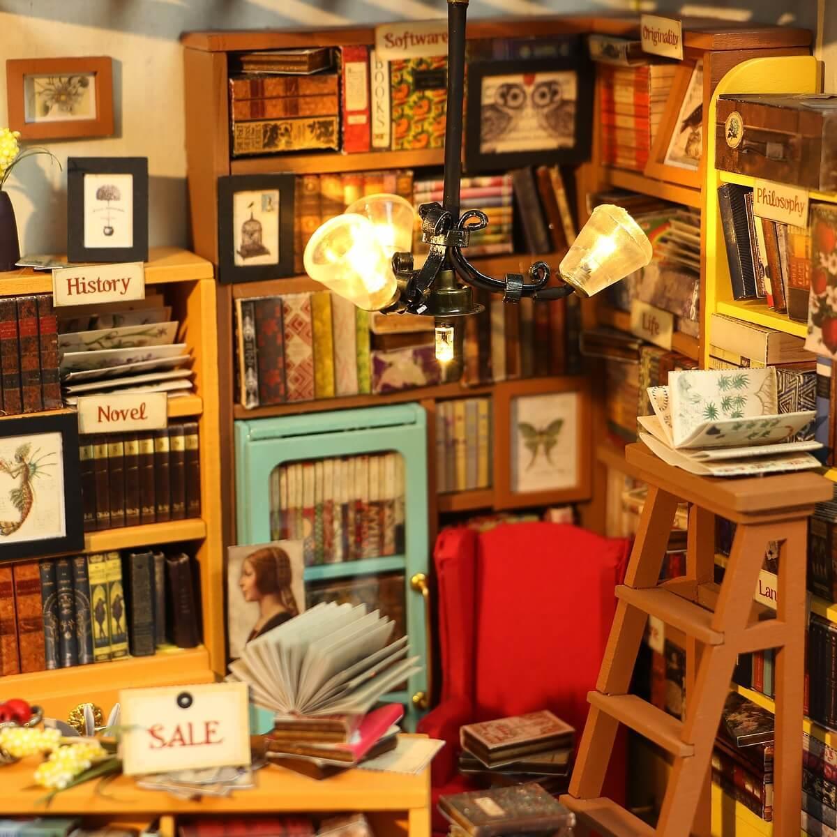 DIY Dollhouse Miniature | Sam's Study Library Assembled Close Up Books, Bookshelves, Ladder, Warm Lights