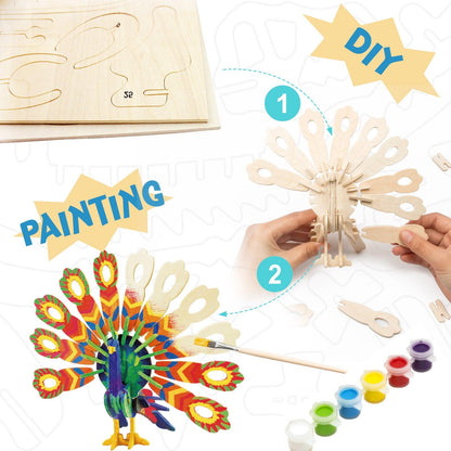 3D Wooden Puzzle Paint Kit | Peacock - Hands Craft US, Inc.