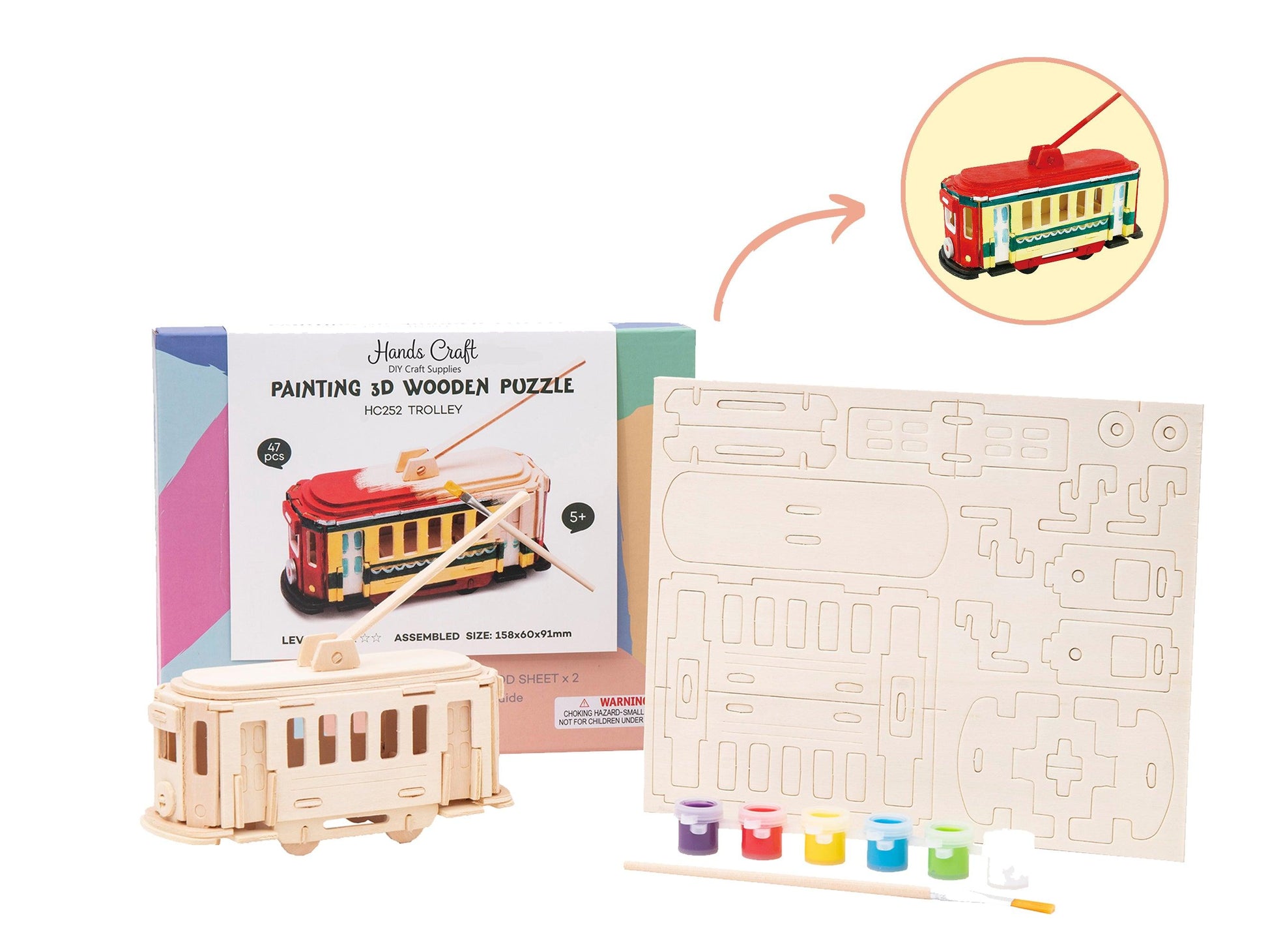 3D Wooden Puzzle Paint Kit | Trolley - Hands Craft US, Inc.