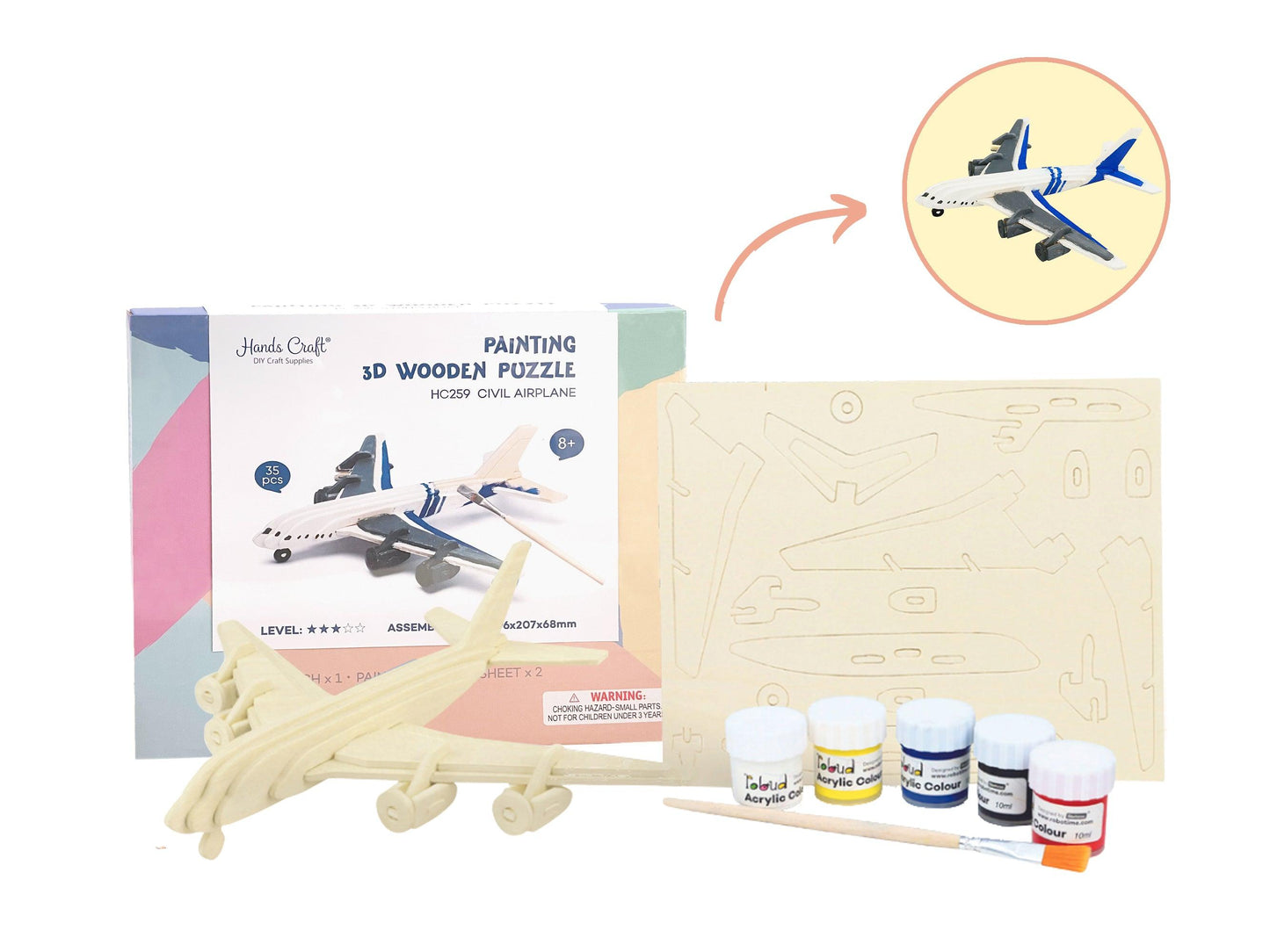 3D Wooden Puzzle Paint Kit | Civil Airplane - Hands Craft US, Inc.