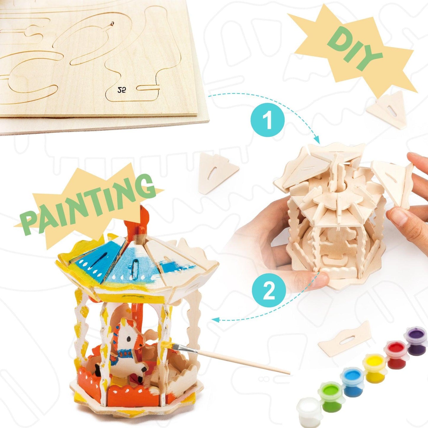 3D Wooden Puzzle Paint Kit | Carousel - Hands Craft US, Inc.