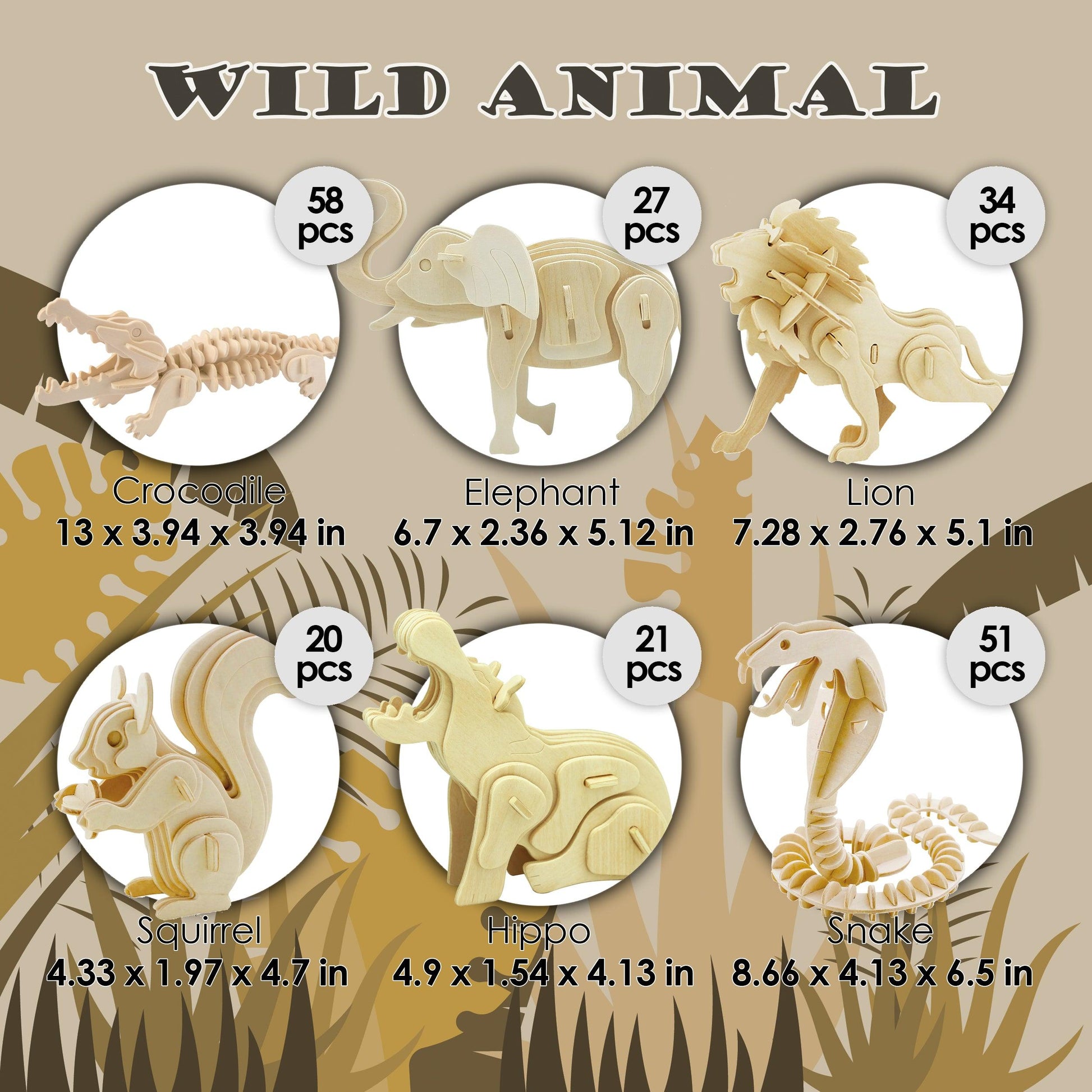 3D Classic Wooden Puzzle Bundle | Wild Animals - Hands Craft US, Inc.