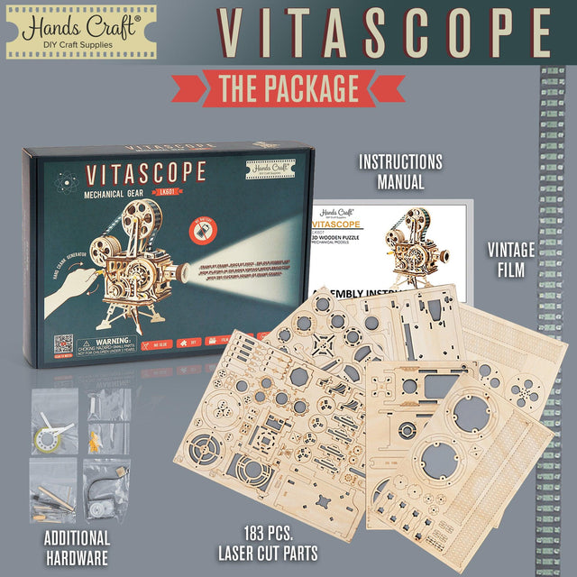  Robotime Vitascope Mechanical Wood Kit, Assemble a Wooden Vintage  Movie Projector, Includes 183 Pieces to Create a Working Reel
