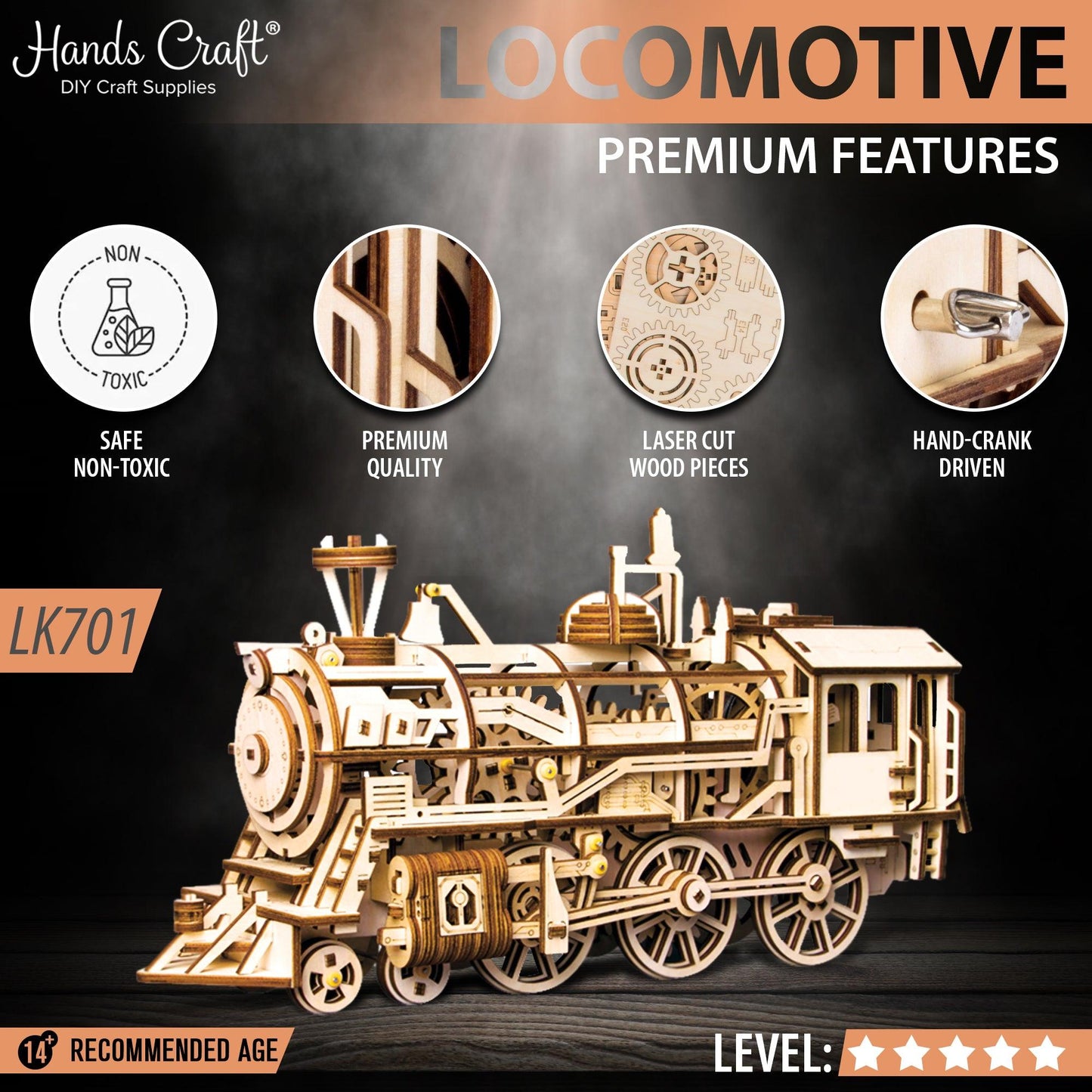 3D Mechanical Wooden Puzzle | Locomotive (Train) - Hands Craft US, Inc.