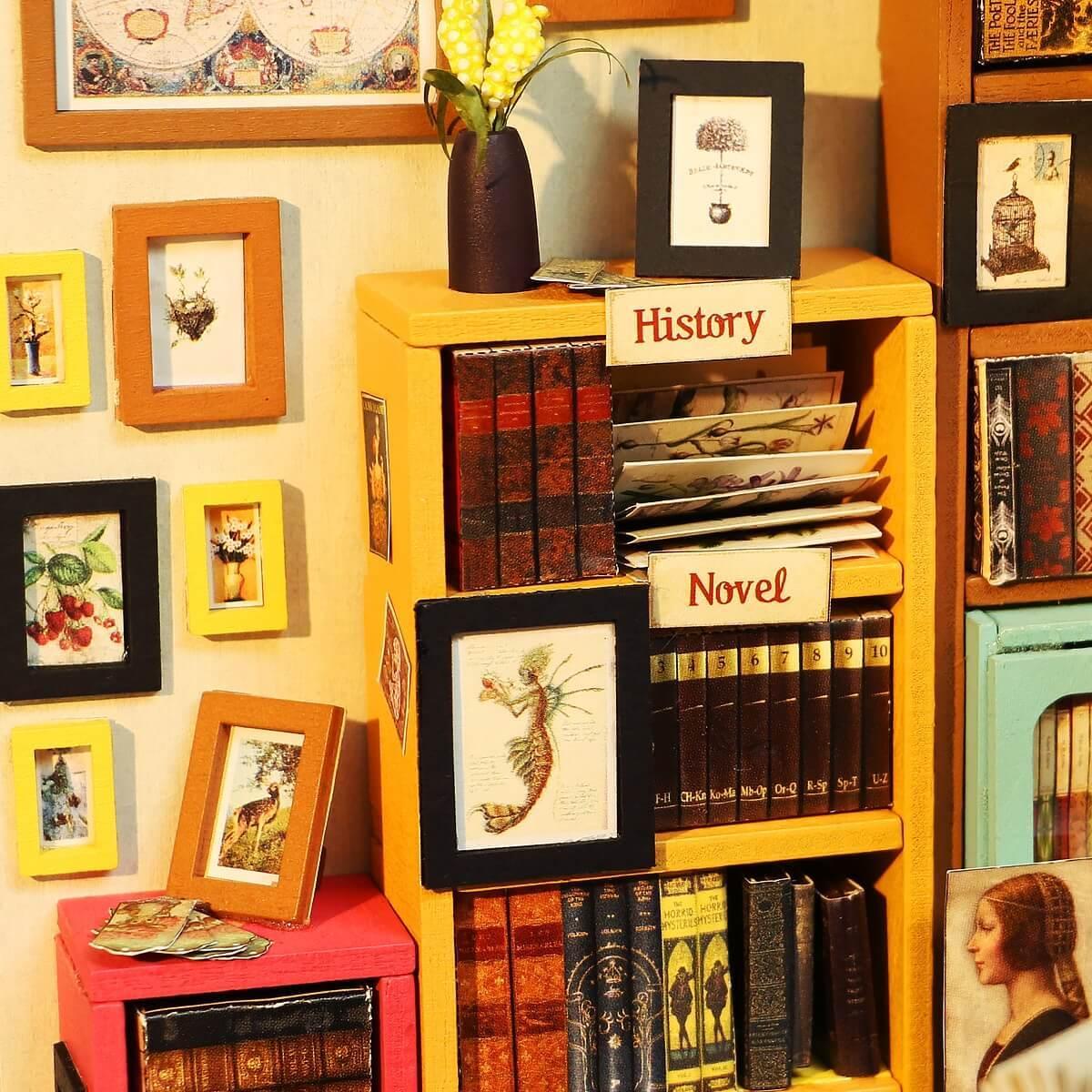 DIY Dollhouse Miniature | Sam's Study Library Close-Up: Book Shelves, Picture Frames, History Books and Novels