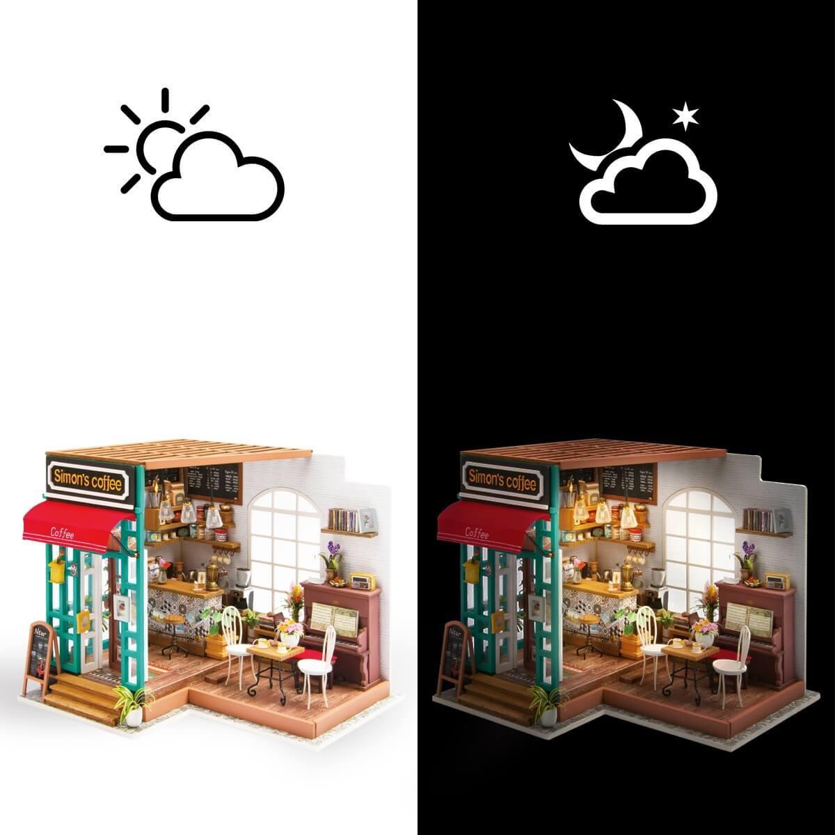 DIY Dollhouse Miniature Store Kit | Simon's Coffee Cafe Lights Up At Night