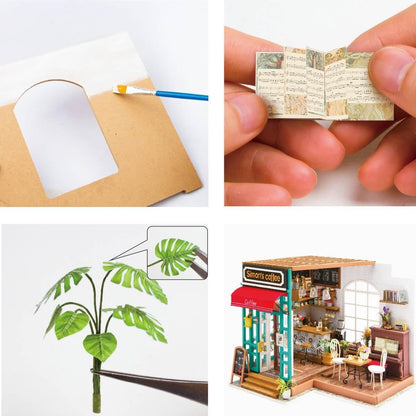 DIY Dollhouse Miniature Store Kit | Simon's Coffee Cafe Close-Up Assembling Build Process Painting Walls, Piano Booklet, Plants