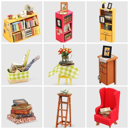 DIY Dollhouse Miniature | Sam's Study Library Close-Up Detailed Pieces: Book Shelves, Stools, Ladder, Reading Chairs