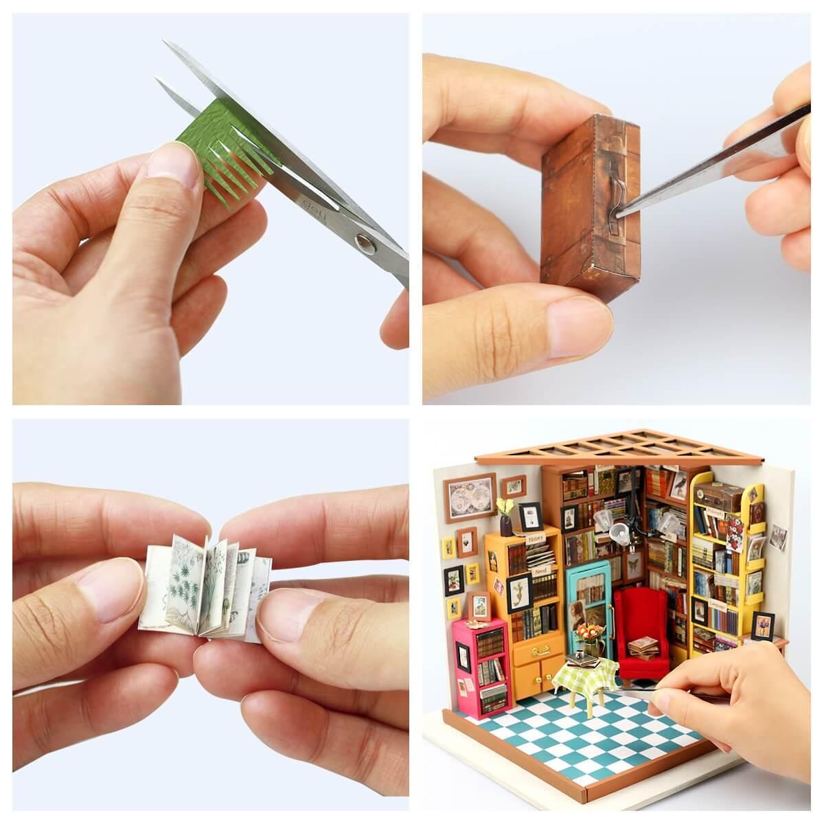 DIY Dollhouse Miniature | Sam's Study Library Build Process Details: Cutting Plants, Putting Together Briefcase, Making a Book, and Arranging Furniture