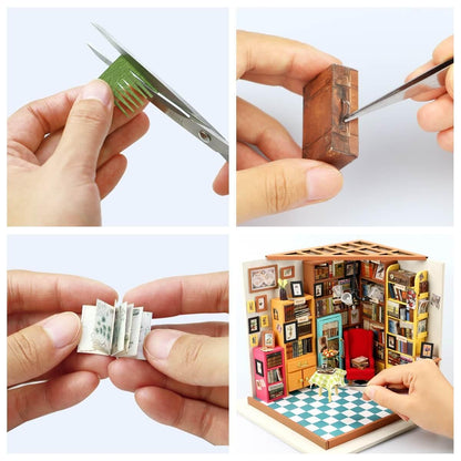 DIY Dollhouse Miniature | Sam's Study Library Build Process Details: Cutting Plants, Putting Together Briefcase, Making a Book, and Arranging Furniture